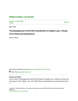 The Background of the Fifth Amendment in English Law: a Study of Its Historical Implications