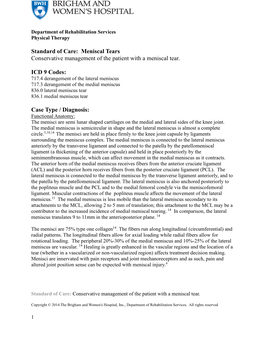 Standard of Care: Meniscal Tears Conservative Management of the Patient with a Meniscal Tear