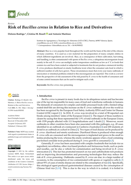 Risk of Bacillus Cereus in Relation to Rice and Derivatives