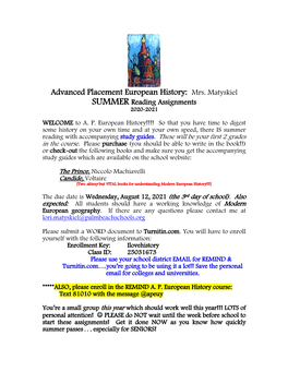 Advanced Placement European History: Mrs. Matyskiel SUMMER Reading Assignments 2020-2021