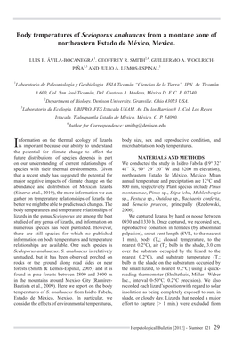 Body Temperatures of Sceloporus Anahuacus from a Montane Zone of Northeastern Estado De México, Mexico