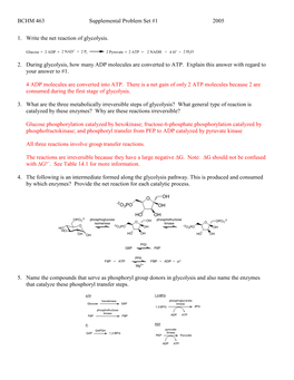 BCHM 463 Supplemental Problem Set #1 2005 1. Write the Net Reaction Of