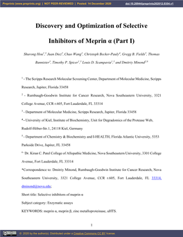 Discovery and Optimization of Selective Inhibitors of Meprin Α (Part I)
