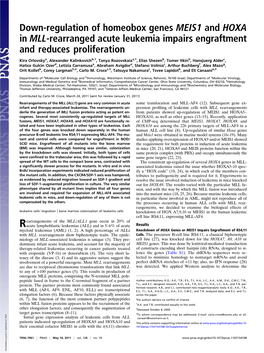 Down-Regulation of Homeobox Genes MEIS1 and HOXA in MLL-Rearranged Acute Leukemia Impairs Engraftment and Reduces Proliferation