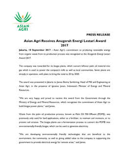 Asian Agri Receives Anugerah Energi Lestari Award 2017