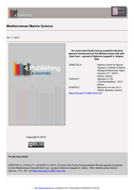 On Some Indo-Pacific Boring Endolithic Bivalvia Species Introduced Into the Mediterranean Sea with Their Host – Spread of Sphenia Rueppelli A