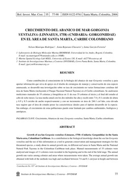 Crecimiento Del Abanico De Mar Gorgonia Ventalina (Linnaeus, 1758) (Cnidaria: Gorgoniidae) En El Área De Santa Marta, Caribe Colombiano