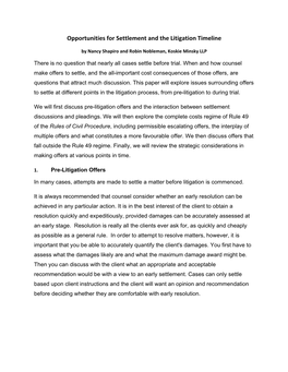 Opportunities for Settlement and the Litigation Timeline