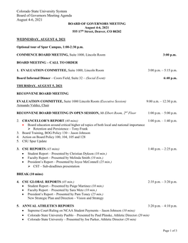 Colorado State University System Board of Governors Meeting Agenda August 4-6, 2021 BOARD of GOVERNORS MEETING August 4-6, 2021 555 17Th Street, Denver, CO 80202