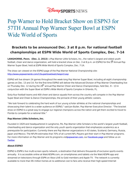 Pop Warner to Hold Bracket Show on ESPN3 for 57TH Annual Pop Warner Super Bowl at ESPN Wide World of Sports