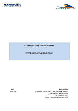 April 2021 Namwater, Private Bag 13389, Windhoek, Namibia Contact Person: N.P Du Plessis Tel: +264-6171 2093 Email: Plessisn@Namwater.Com.Na
