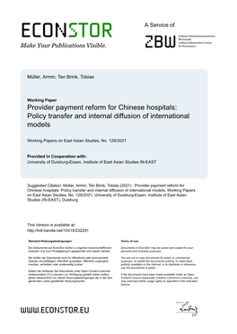 Provider Payment Reform for Chinese Hospitals: Policy Transfer and Internal Diffusion of International Models