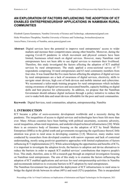 An Exploration of Factors Influencing the Adoption of Ict Enabled Entrepreneurship Applications in Namibian Rural Communities