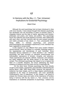 In Harmony with the Sky, (天, Tian, Universe): Implications for Existential Psychology