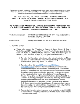 96.5 Koit / Koit-Fm, 98.5 Kfox / Kufx-Fm, 99.7 Now / Kmvq-Fm Vacation to Aulani, a Disney Resort & Spa – Winter/Spring 2021 Online & On-Air Contest Official Rules