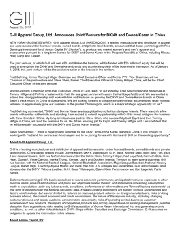 G-III Apparel Group, Ltd. Announces Joint Venture for DKNY and Donna Karan in China