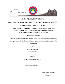 M.Sc, Thesis On: Impact of Land-Use/Land-Cover Changes on Land Surface Temperature in Adama Zuria Woreda, Ethiopia Using Geospatial Tools: May 2017