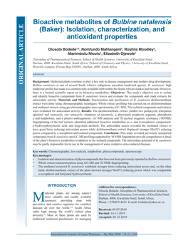 Bioactive Metabolites of Bulbine Natalensis (Baker): Isolation, Characterization, and Antioxidant Properties
