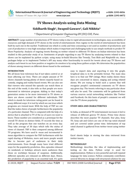 TV Shows Analysis Using Data Mining Siddharth Singh1, Swapnil Gaware2, Gali Nikhita3 1-3Department of Computer Engineering BV (DU) COE, Pune