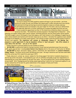 WAIPAHU NEIGHBORHOOD BOARD~ NOVEMBER 2014 Senator Michelle Kidani