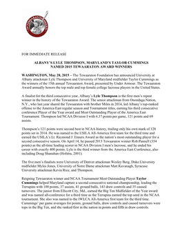 For Immediate Release Albany's Lyle Thompson