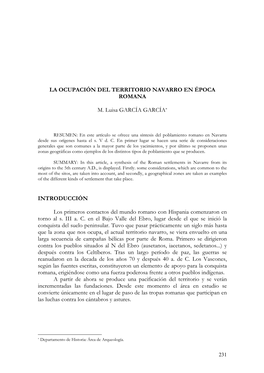 LA OCUPACIÓN DEL TERRITORIO NAVARRO EN ÉPOCA ROMANA M. Luisa GARCÍA GARCÍA* INTRODUCCIÓN Los Primeros Contactos Del Mundo R