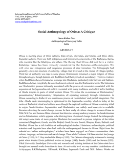 Social Anthropology of Orissa: a Critique