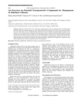 An Overview on Potential Neuroprotective Compounds for Management of Alzheimer’S Disease