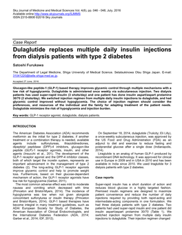 Dulaglutide Replaces Multiple Daily Insulin Injections from Dialysis Patients with Type 2 Diabetes