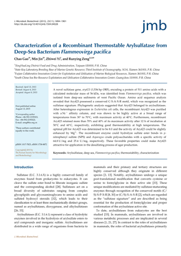 Characterization of a Recombinant Thermostable Arylsulfatase from Deep-Sea Bacterium Flammeovirga Pacifica Chao Gao1†, Min Jin2†, Zhiwei Yi2, and Runying Zeng2,3,4*