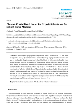 Photonic Crystal Based Sensor for Organic Solvents and for Solvent-Water Mixtures