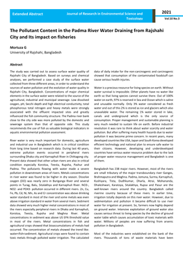 The Pollutant Content in the Padma River Water Draining from Rajshahi City and Its Impact on Fisheries