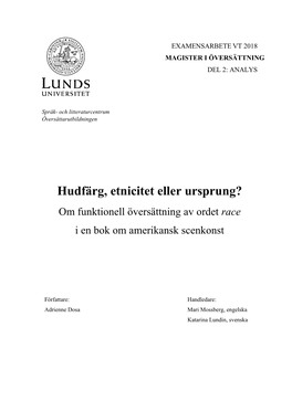 Hudfärg, Etnicitet Eller Ursprung? Om Funktionell Översättning Av Ordet Race I En Bok Om Amerikansk Scenkonst