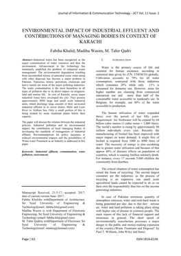 Environmental Impact of Industrial Effluent and Contributions of Managing Bodies in Context of Karachi