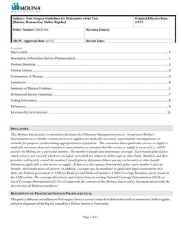 Foot Surgery Guidelines for Deformities of the Toes[Bunion