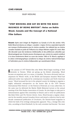 PDF: "Stop Whining and Get on with the Basic Business of Being British": Notes on Robin Wood, Canada and the Concept O