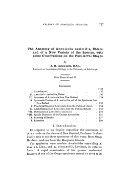 The Anatomy of Arenicola Assimilis, Ehlers, and of a New Variety of the Species, with Some Observations on the Post-Larval Stages