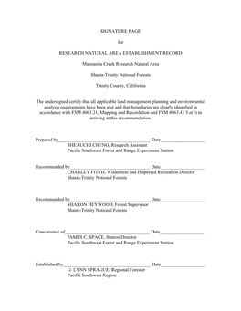 Establishment Record for Manzanita Creek Research Natural Area Within Shasta-Trinity National Forest in Trinity County