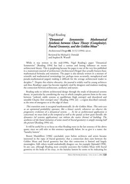 “Dynamical Symmetries: Mathematical Synthesis Between Chaos Theory (Complexity), Fractal Geometry, and the Golden Mean” Architectural Design 64, 11/12 (1994): Xii-Xv