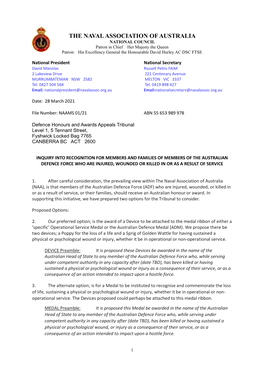 THE NAVAL ASSOCIATION of AUSTRALIA NATIONAL COUNCIL Patron in Chief Her Majesty the Queen Patron: His Excellency General the Honourable David Hurley AC DSC FTSE