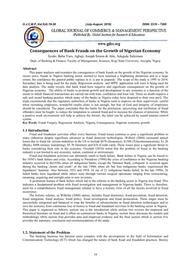 Consequences of Bank Frauds on the Growth of Nigerian Economy Iyodo, Baba Yaro, Agbaji, Joseph Simon & Abu, Adegede Suleiman Dept