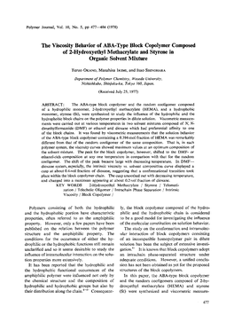 The Viscosity Behavior of ABA-Type Block Copolymer Composed of 2-Hydroxyethyl Methacrylate and Styrene in Organic Solvent Mixture