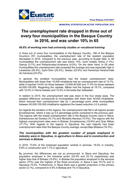 MUNICIPAL STATISTICS on ACTIVE POPULATION. 2016. the Unemployment Rate Dropped in Three out of Every Four Municipalities In