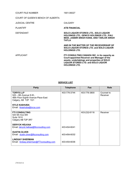 Court File Number 1901-06027 Court of Queen's Bench Of