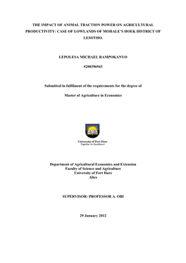 The Impact of Animal Traction Power on Agricultural Productivity: Case of Lowlands of Mohale’S Hoek District of Lesotho