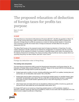 The Proposed Relaxation of Deduction of Foreign Taxes for Profits Tax Purpose