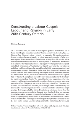 Constructing a Labour Gospel: Labour and Religion in Early 20Th-Century Ontario