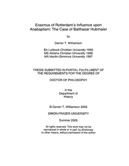 Erasmus of Rotterdam's Influence Upon Anabaptism: the Case of Balthasar Hubmaier