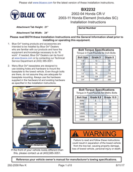 BX2232 2002-04 Honda CR-V 2003-11 Honda Element (Includes SC) Installation Instructions