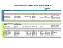 HHF Butterfly Checklist for Lancaster County PA